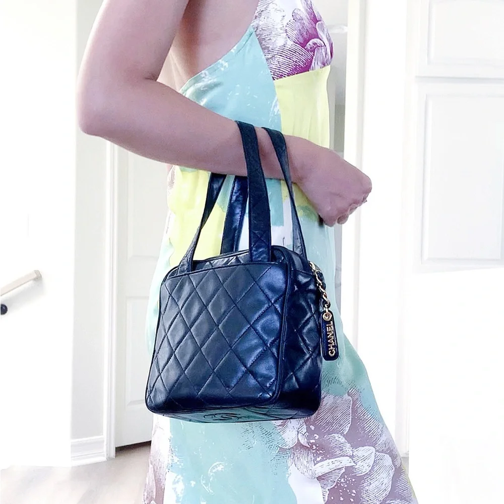 CHANEL Black Leather Gold Chain Small Top Handle Satchel Bag